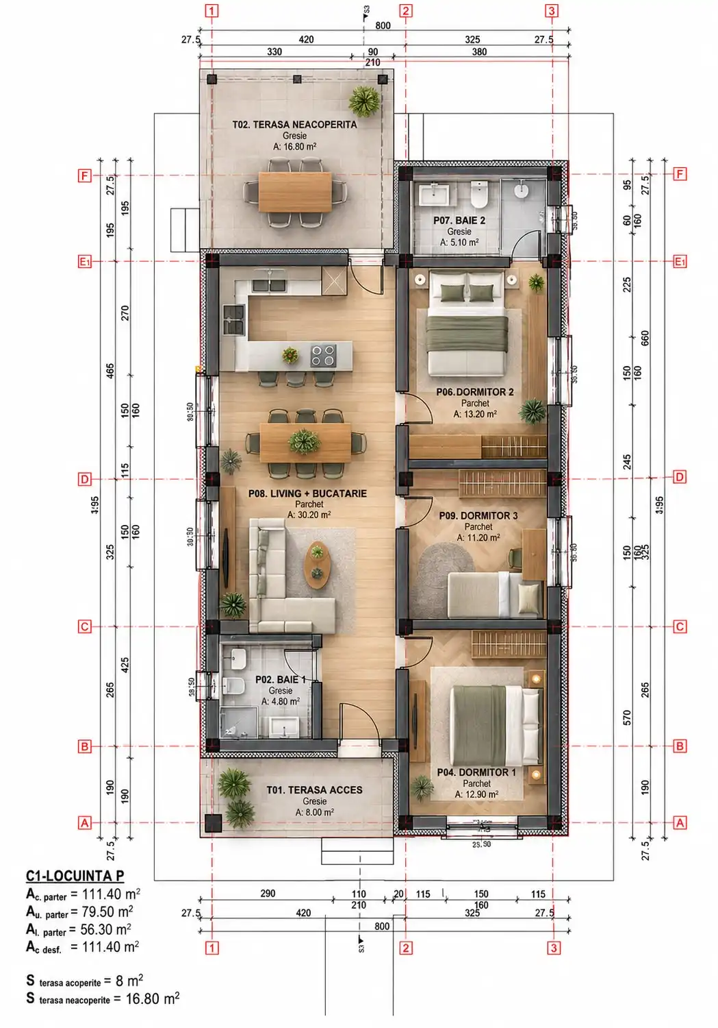 Plan casă cu trei dormitoare SQR Home